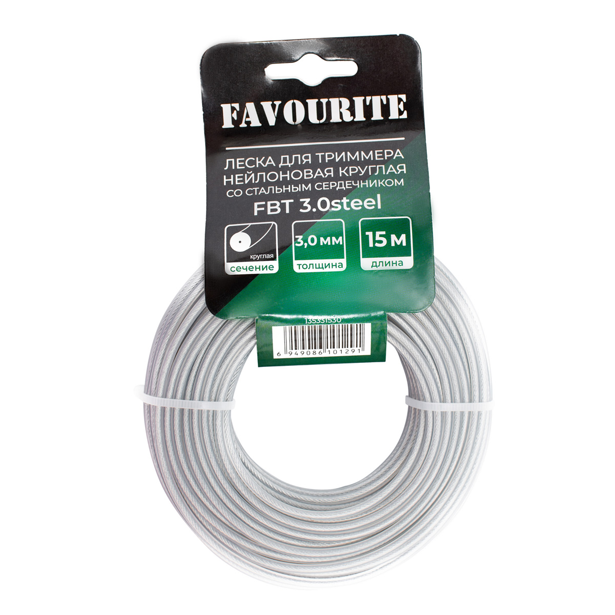 FBT 3.0steel Леска для триммера нейлоновая 3,0мм, 15м, круглая со стальным сердечником FAVOURITE - фото 2 - leska_dlia_trimmerov 