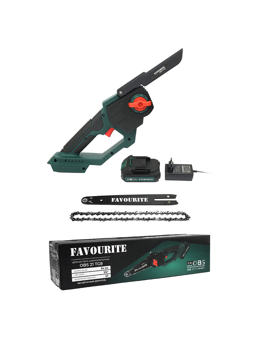 OBS 21 TG8 Цепная пила аккумуляторная 21В, 2Ач, ЗУ FAVOURITE - фото 2 - edinaia_akkumuliatornaia_sistema_ovs 